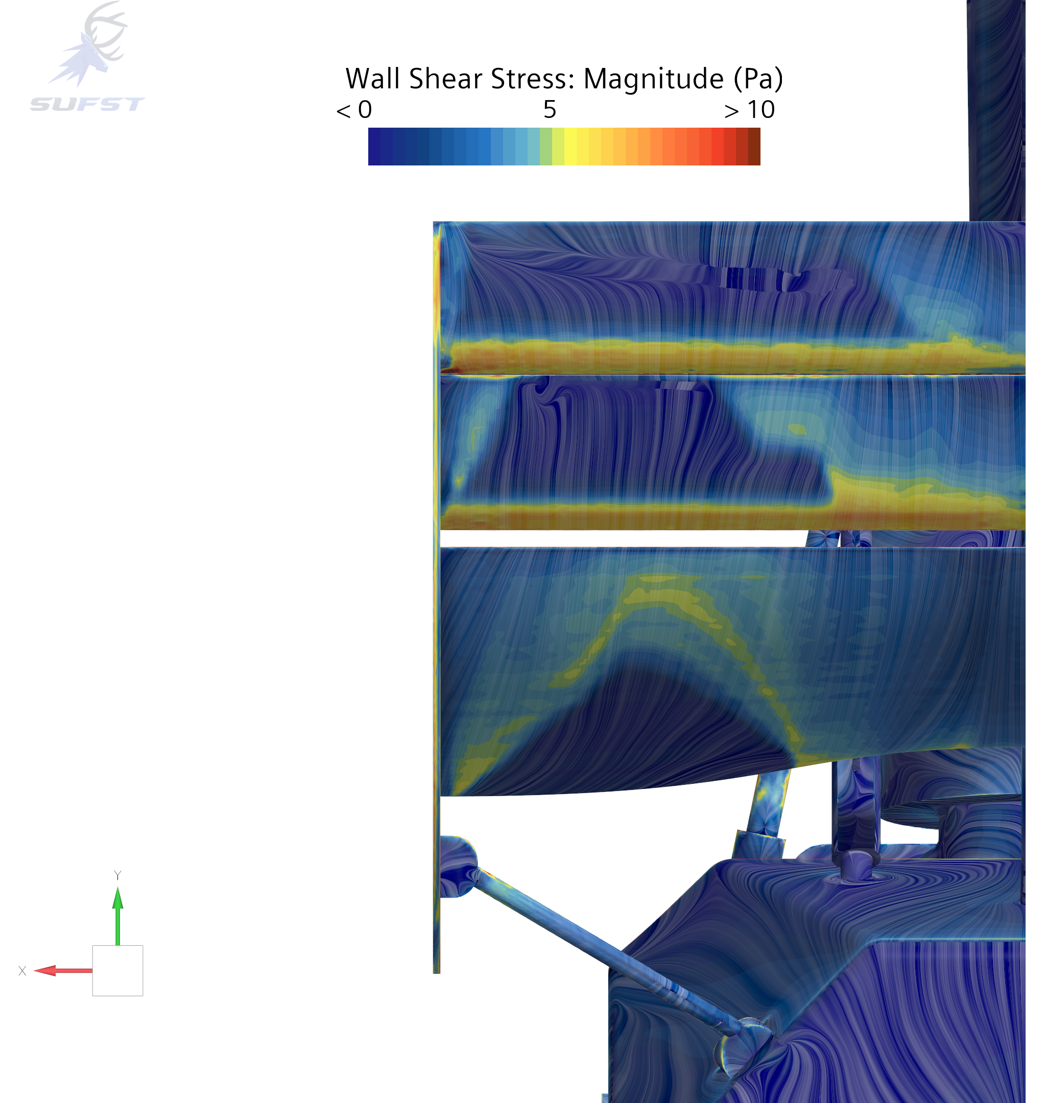 CFD wall shear stress magnitude on the rear wing, line integral convolution style